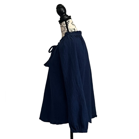 Just Living Navy Cotton Gauze Peasant Blouse M Boho Forest Fairy Coastal Slub - Picture 4 of 9